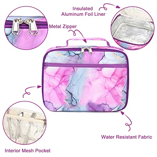 LEDAOU Lunch Bag Insulated Lunch Box Kids Girls Insulated Reusable Lunch Bag for School Work Picnic Hiking (Marble Purple White)