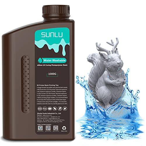 SUNLU Water Washable Resin 1000g, Fast Curing 3D Printer Resin for LCD DLP SLA Resin 3D Printers, 395 to 405nm UV Curing 3D Printing Liquid Photopolymer Resin, Low Shrinkage, High Precision, 1kg, Grey