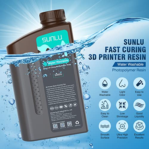 SUNLU Water Washable Resin 1000g, Fast Curing 3D Printer Resin for LCD DLP SLA Resin 3D Printers, 395 to 405nm UV Curing 3D Printing Liquid Photopolymer Resin, Low Shrinkage, High Precision, 1kg, Grey