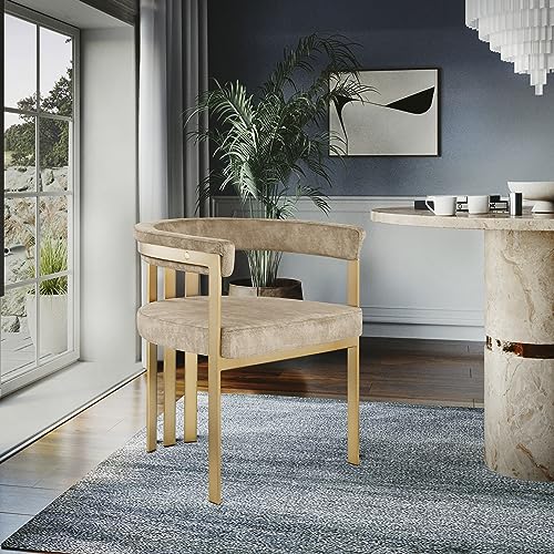 Meridian Furniture Marcello Collection Modern | Contemporary Velvet Upholstered Dining Chair with Brushed Brass Iron Frame, Set of 2, 23.5" W x 24" D x 28" H, Beige