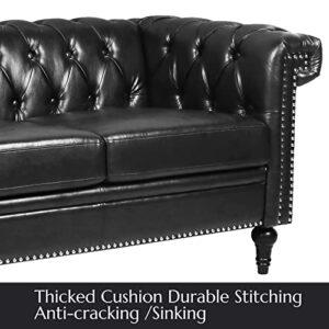 Vaztrlus Chesterfield Sofas Couches for Living Room, Square Arm 3-Seater Faux Leather Large Couch Deep Button Nailhead Tufted Black Upholstered Couches for Bedroom, Office Easy to Assemble