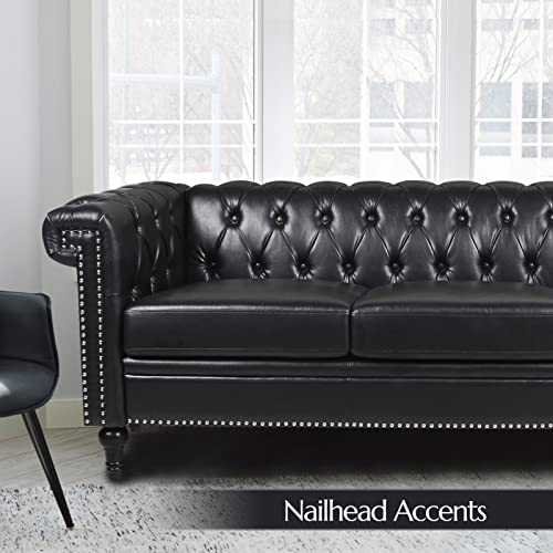 Vaztrlus Chesterfield Sofas Couches for Living Room, Square Arm 3-Seater Faux Leather Large Couch Deep Button Nailhead Tufted Black Upholstered Couches for Bedroom, Office Easy to Assemble