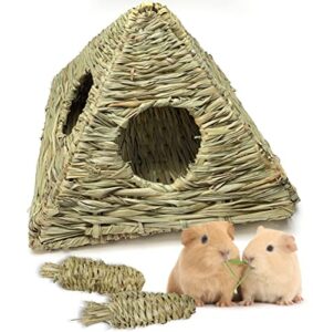 chngeary guinea pig house, natural grass hand woven guinea pig hideout, pyramid style small animal hut, top and bottom part free design for easy cleaning, toys for hamsters, bunny, gerbils