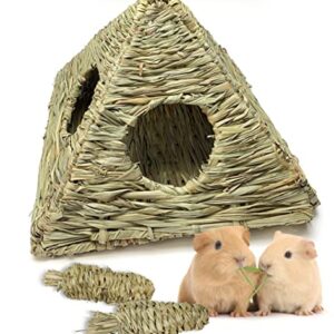 Chngeary Guinea Pig House, Natural Grass Hand Woven Guinea Pig Hideout, Pyramid Style Small Animal Hut, Top and Bottom Part Free Design for Easy Cleaning, Toys for Hamsters, Bunny, Gerbils