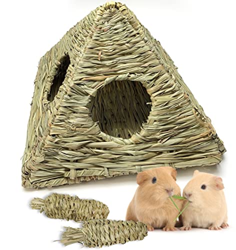 Chngeary Guinea Pig House, Natural Grass Hand Woven Guinea Pig Hideout, Pyramid Style Small Animal Hut, Top and Bottom Part Free Design for Easy Cleaning, Toys for Hamsters, Bunny, Gerbils