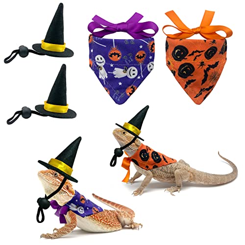 Vehomy 4Pcs Halloween Bearded Dragon Witch Costume Bearded Dragon Witch Hats Lizard Bandanas with Pumpkin Candy Pattern Lizard Wizard Hat Lizard Pumpkin Scarf Outfit for Hamster Leopard Gecko