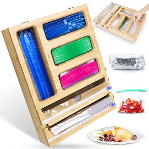 Furnity 6 in 1 Bamboo Ziplock Bag Organizer with Wrap Dispenser and Foil Dispenser, Baggie Organizer, 3 Layer Bamboo Plastic Bag Organizer, Fits Quart, Gallon, Snack, Sandwich Bags