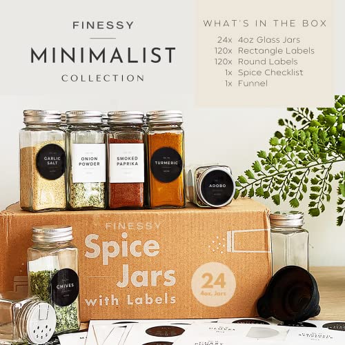 FINESSY Spice Jars With Label Spice Organizer for Cabinet, 24 pcs Seasoning Organizer Seasoning Jars Spice Containers, Empty 4 oz Glass Spice Jars Labels Minimalist, Spice Set Spice Bottles