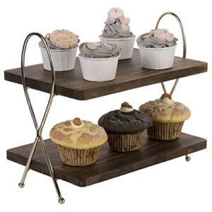 mygift 2 tier burnt wood and brass metal server cupcake holder stand, dessert and appetizer tower, buffet serving riser display