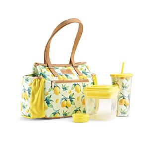 fit & fresh copley adult insulated lunch bag with side pouches & carry handles, complete lunch kit includes matching tumbler & salad kit, lemons