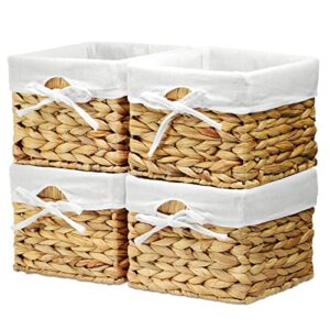 ezoware set of 4 small natural woven water hyacinth wicker storage nest baskets organizer container bin with liner for organizing kids baby cloth, room decor, toy, gift basket empty - brown (7x7x5.5")