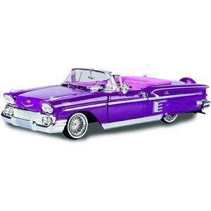 toy cars 1958 chevy impala convertible lowrider purple metallic with pink interior get low series 1/24 diecast model car by motormax 79025,unisex adult