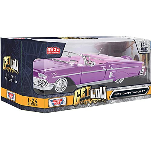 Toy Cars 1958 Chevy Impala Convertible Lowrider Purple Metallic with Pink Interior Get Low Series 1/24 Diecast Model Car by Motormax 79025,Unisex Adult