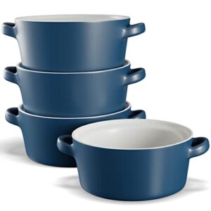 kook soup crocks, ceramic stackable bowls, broil, oven, microwave and dishwasher safe, with handles, for casserole, pasta, cereal, 23.6 oz, set of 4 (matte blue)