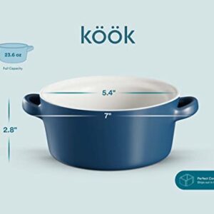 KooK Soup Crocks, Ceramic Stackable Bowls, Broil, Oven, Microwave and Dishwasher Safe, with Handles, For Casserole, Pasta, Cereal, 23.6 oz, Set of 4 (Matte Blue)