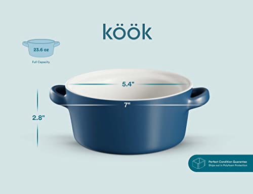 KooK Soup Crocks, Ceramic Stackable Bowls, Broil, Oven, Microwave and Dishwasher Safe, with Handles, For Casserole, Pasta, Cereal, 23.6 oz, Set of 4 (Matte Blue)