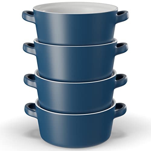 KooK Soup Crocks, Ceramic Stackable Bowls, Broil, Oven, Microwave and Dishwasher Safe, with Handles, For Casserole, Pasta, Cereal, 23.6 oz, Set of 4 (Matte Blue)