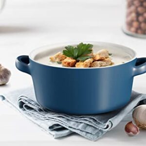 KooK Soup Crocks, Ceramic Stackable Bowls, Broil, Oven, Microwave and Dishwasher Safe, with Handles, For Casserole, Pasta, Cereal, 23.6 oz, Set of 4 (Matte Blue)