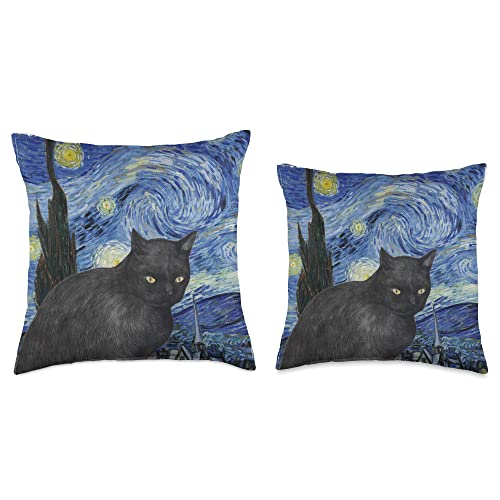 Artistic Feline outfit Black Starry Night by Vincent Van Gogh cat Lover Throw Pillow, 16x16, Multicolor