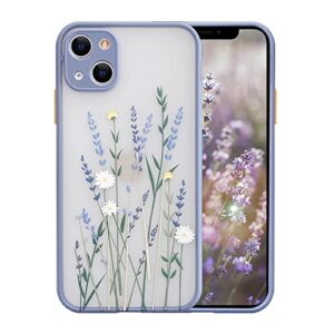 ownest compatible for iphone 14 case for clear frosted pc back 3d floral girls woman and soft tpu bumper protective silicone slim shockproof case for iphone 14 6.1 inch-purple