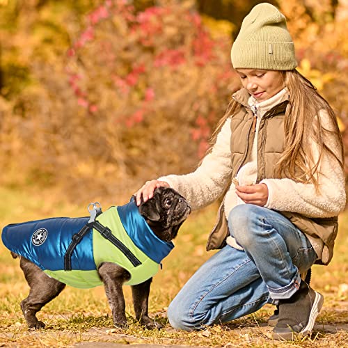 BAEJMJK Dog Reflective Winter Coat with Harness Warm Cold Weather Jacket for Small Medium Dogs Zip Up Turtleneck Puppy Vest with D-Ring Waterproof Windproof Dog Winter Clothes(Blue，2X-Large)