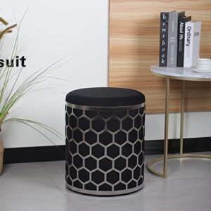 SOFT ASS Modern Round Velvet Ottoman Vanity Chair Large Footrest Stool with Hexagon Silver Metal Frame for Bedroom Living Room Study and Entrance - Black