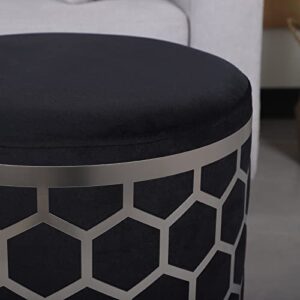 SOFT ASS Modern Round Velvet Ottoman Vanity Chair Large Footrest Stool with Hexagon Silver Metal Frame for Bedroom Living Room Study and Entrance - Black