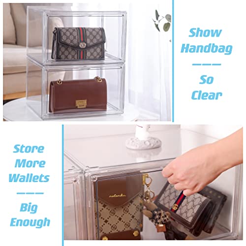 ZLLZUU Purse and Handbag Storage Organizer for Closet, Clear Acrylic Display Case for Collectibles, 3 Pack Plastic Storage Boxes with Magnetic Door for Wallet, Cosmetic, Toys (Large Door)