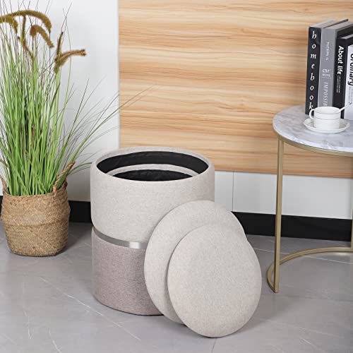 SOFT ASS Modern Linen Storage Ottoman Khaki and Brown Footrest with Silver Stainless Steel Ring Waist for Living Room Bedroom and Entrance (Khaki and Brown, Pack of 2)