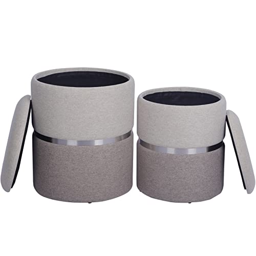 SOFT ASS Modern Linen Storage Ottoman Khaki and Brown Footrest with Silver Stainless Steel Ring Waist for Living Room Bedroom and Entrance (Khaki and Brown, Pack of 2)