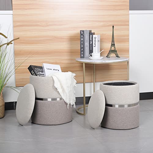 SOFT ASS Modern Linen Storage Ottoman Khaki and Brown Footrest with Silver Stainless Steel Ring Waist for Living Room Bedroom and Entrance (Khaki and Brown, Pack of 2)
