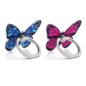 cobee butterfly cell phone ring stand holder, 2 pcs cute butterfly pattern painted metal finger stand kickstand 360°rotation phone ring holder stand ring hand grip with knob loop (blue, rose red)