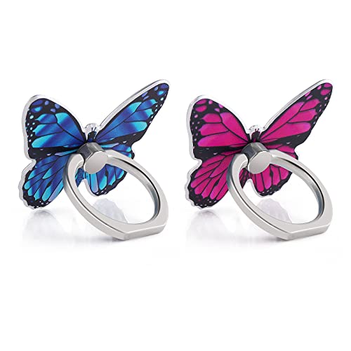 Cobee Butterfly Cell Phone Ring Stand Holder, 2 Pcs Cute Butterfly Pattern Painted Metal Finger Stand Kickstand 360°Rotation Phone Ring Holder Stand Ring Hand Grip with Knob Loop (Blue, Rose Red)