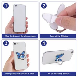 Cobee Butterfly Cell Phone Ring Stand Holder, 2 Pcs Cute Butterfly Pattern Painted Metal Finger Stand Kickstand 360°Rotation Phone Ring Holder Stand Ring Hand Grip with Knob Loop (Blue, Rose Red)