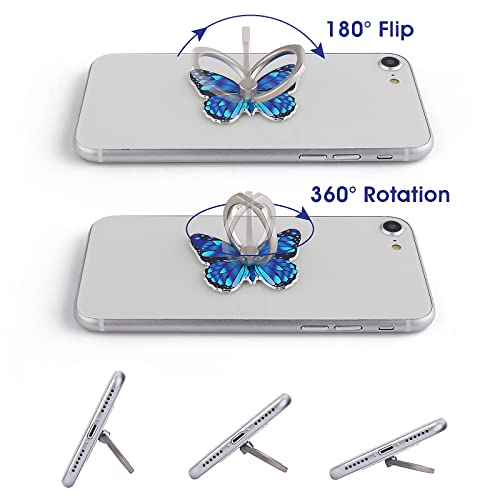 Cobee Butterfly Cell Phone Ring Stand Holder, 2 Pcs Cute Butterfly Pattern Painted Metal Finger Stand Kickstand 360°Rotation Phone Ring Holder Stand Ring Hand Grip with Knob Loop (Blue, Rose Red)