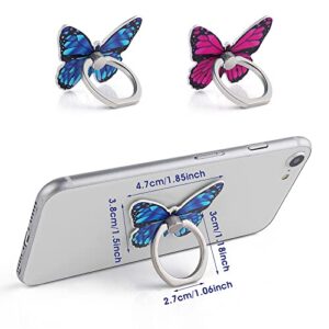 Cobee Butterfly Cell Phone Ring Stand Holder, 2 Pcs Cute Butterfly Pattern Painted Metal Finger Stand Kickstand 360°Rotation Phone Ring Holder Stand Ring Hand Grip with Knob Loop (Blue, Rose Red)