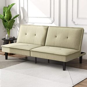 liferecord futon sofa bed modern linen fabric convertible folding lounge couch loveseat daybed for living room apartment dorm, banana toffee