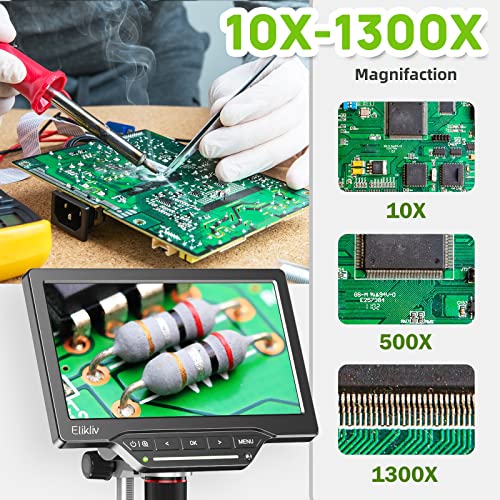 Elikliv EDM201 Max HDMI Digital Microscope with 7" IPS Screen - 1300X Coin Soldering Microscope with 25MP Sensor, Bottom Transmitted Light, View Entire Coin, TV/Windows/Mac Compatible