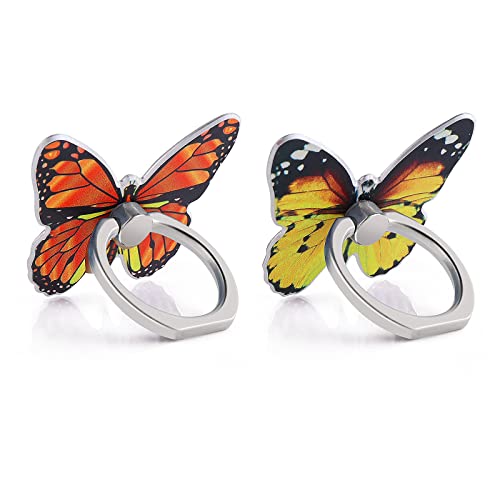 Cobee Butterfly Cell Phone Ring Stand Holder, 2 Pcs Cute Butterfly Pattern Painted Metal Finger Stand Kickstand 360°Rotation Phone Ring Holder Stand Ring Hand Grip with Knob Loop(Yellow, Orange)