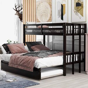 klmm twin over pull-out bunk bed with trundle, wooden twin over twin/full/queen/king bunk bed, accommodate 4 people extendable bunk beds with ladder and safety rail (espresso)