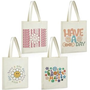 4 pack aesthetic canvas tote bag women reusable grocery shopping bag cute preppy shoulder bag back to school gift bag (funny style)