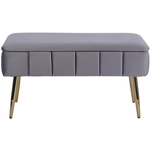 SOFT ASS Modern Fashion Velvet Storage Bench Upholstered Footrest Ottoman with Gold Metal Legs for Living Room Bedroom Home Office - Dark Grey