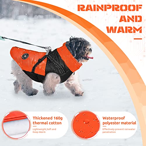 BAEJMJK Dog Reflective Winter Coat with Harness Warm Cold Weather Jacket for Small Medium Dogs Zip Up Turtleneck Puppy Vest with D-Ring Waterproof Windproof Dog Winter Clothes(Orange，Medium)