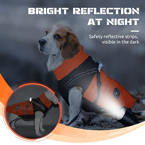 BAEJMJK Dog Reflective Winter Coat with Harness Warm Cold Weather Jacket for Small Medium Dogs Zip Up Turtleneck Puppy Vest with D-Ring Waterproof Windproof Dog Winter Clothes(Orange，Medium)