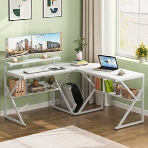 tribesigns l shaped desk with storage shelves, 63 inch industrial corner computer desk with monitor stand, study writing table workstation for home office, white