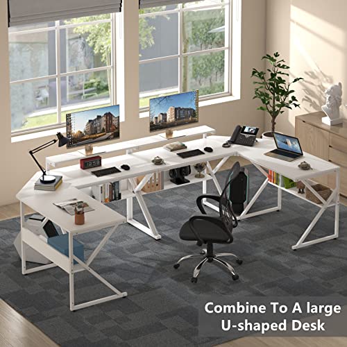 Tribesigns L Shaped Desk with Storage Shelves, 63 inch Industrial Corner Computer Desk with Monitor Stand, Study Writing Table Workstation for Home Office, White