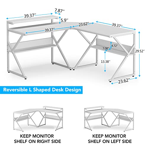 Tribesigns L Shaped Desk with Storage Shelves, 63 inch Industrial Corner Computer Desk with Monitor Stand, Study Writing Table Workstation for Home Office, White