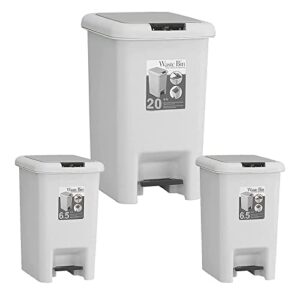jiuchuan 3 pack trash can 5.3 gallon and 1.7 gallon kitchen garbage bin combo set, step-on trash can with lid and pedal, 20 liter and 6.5 liter capacity waste bin for bathroom,kitchen,office,grey