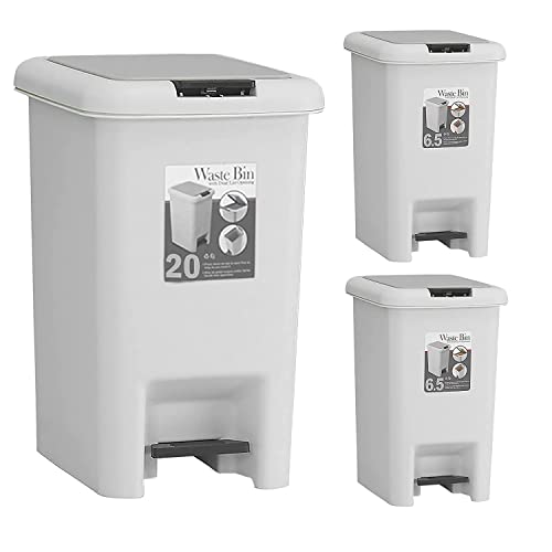 JIUCHUAN 3 Pack Trash Can 5.3 Gallon and 1.7 Gallon Kitchen Garbage Bin Combo Set, Step-On Trash Can with Lid and Pedal, 20 Liter and 6.5 Liter Capacity Waste Bin for Bathroom,Kitchen,Office,Grey