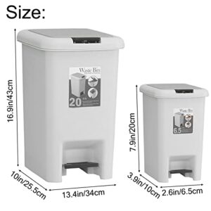 JIUCHUAN 3 Pack Trash Can 5.3 Gallon and 1.7 Gallon Kitchen Garbage Bin Combo Set, Step-On Trash Can with Lid and Pedal, 20 Liter and 6.5 Liter Capacity Waste Bin for Bathroom,Kitchen,Office,Grey